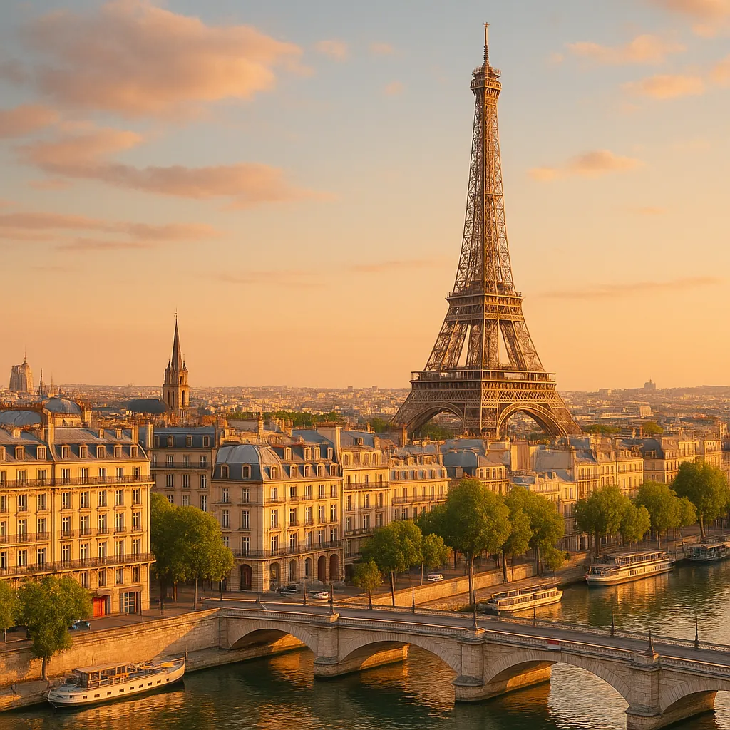Discover a puzzle with the iconic Eiffel Tower rising above Parisian rooftops at golden hour.