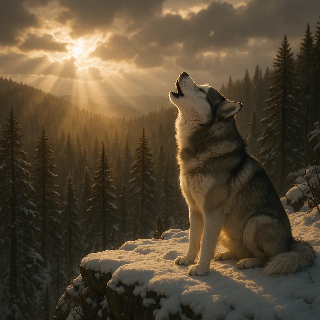 Discover a puzzle with a majestic husky-like wolf howling atop a snowy cliff, framed by a vast pine forest.