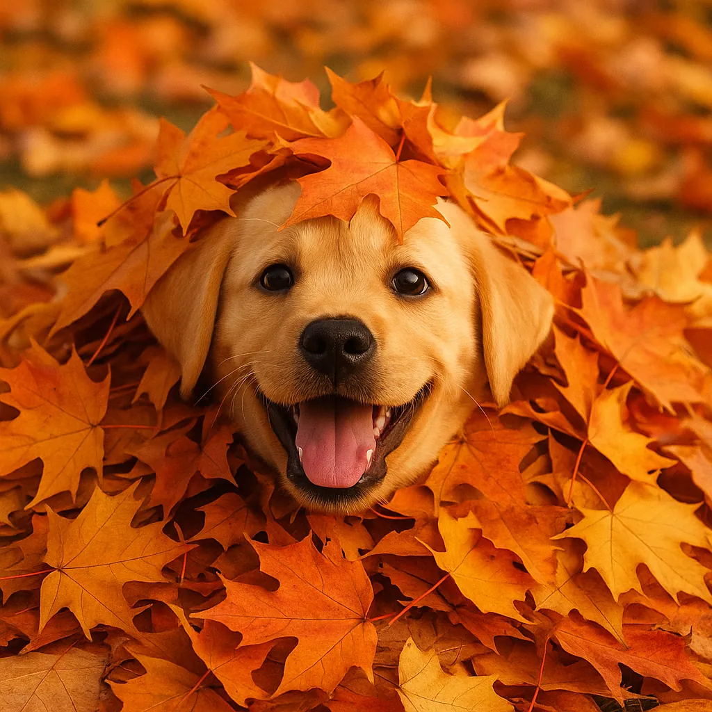 Enjoy assembling a puzzle depicting an adorable golden retriever puppy peeking out from a cozy pile of bright orange and amber autumn leaves.