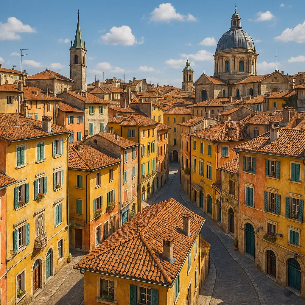 Discover a puzzle with a sunlit Mediterranean townscape: warm ochre and terracotta buildings with green shutters line a winding cobblestone street, leading the