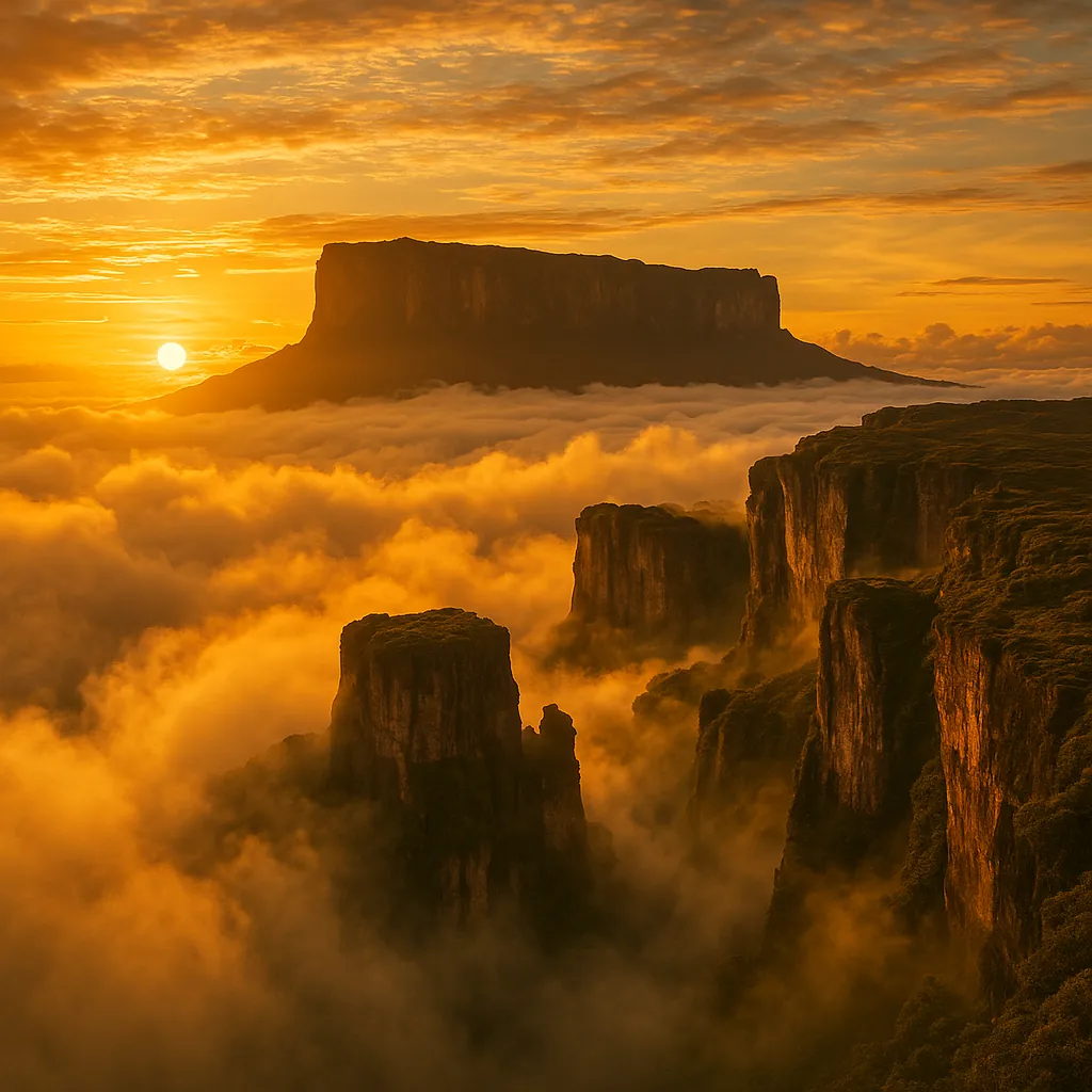 Discover a puzzle with a golden sunrise spilling warm light over towering plateaus and dramatic cliff edges rising through a sea of clouds.