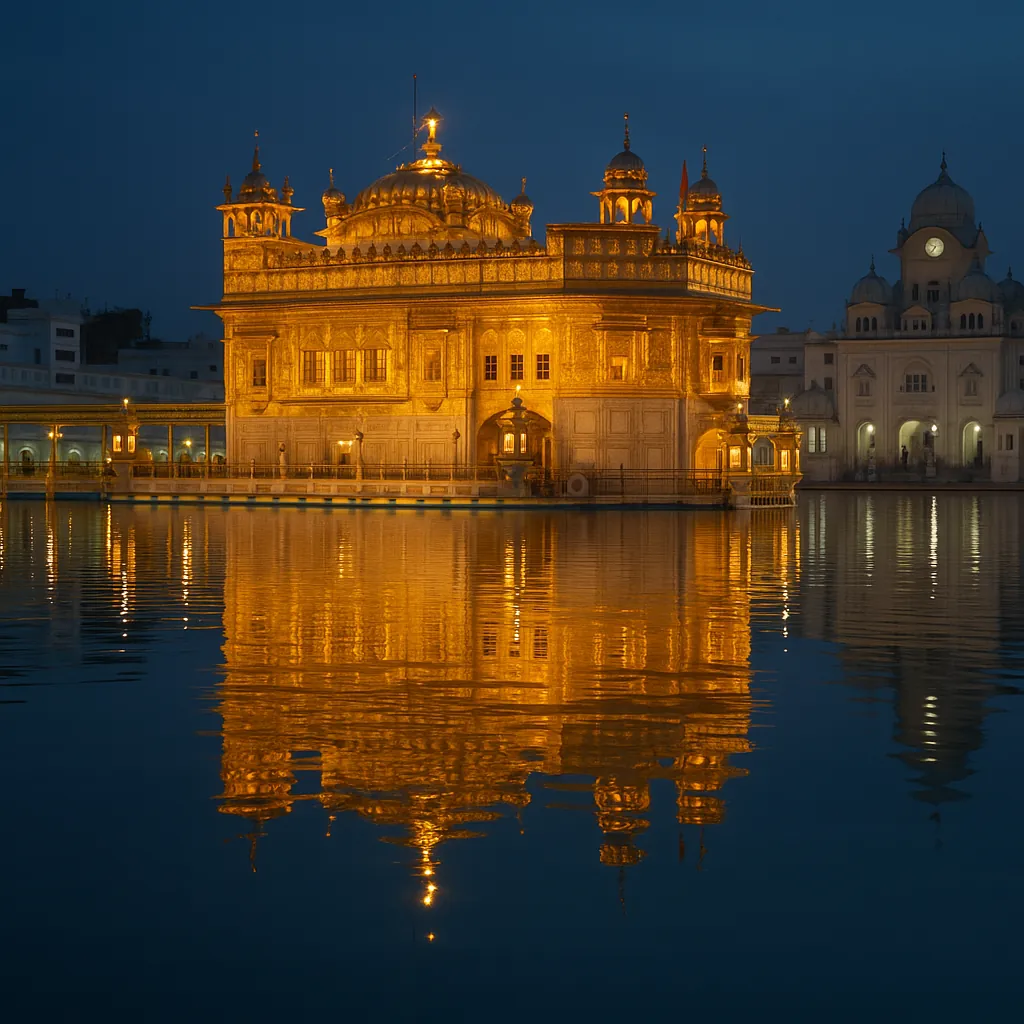 Discover a puzzle with the Golden Temple glowing in warm amber lights against a deep blue night sky, its ornate domes and arches mirrored perfectly in the calm