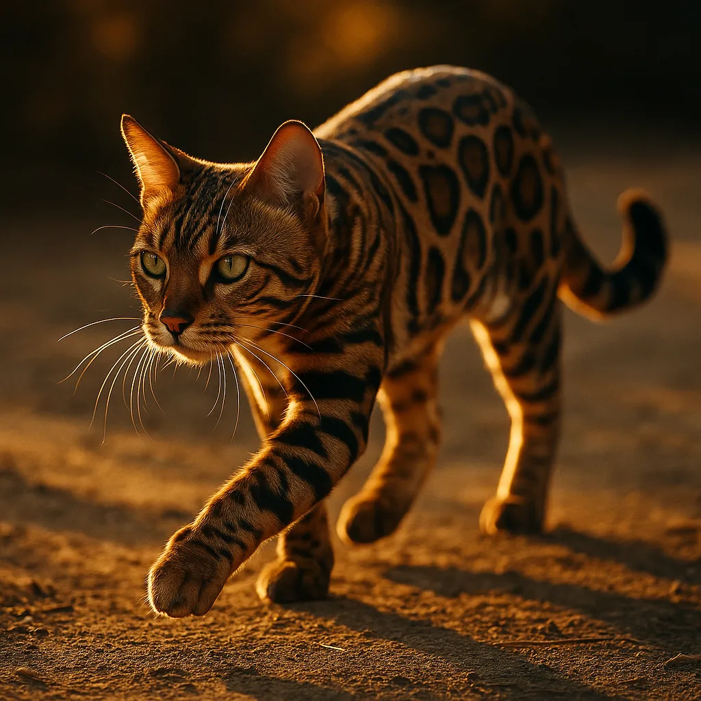 Discover a puzzle with a striking Bengal cat prowling across sunlit earth in warm golden-hour tones.