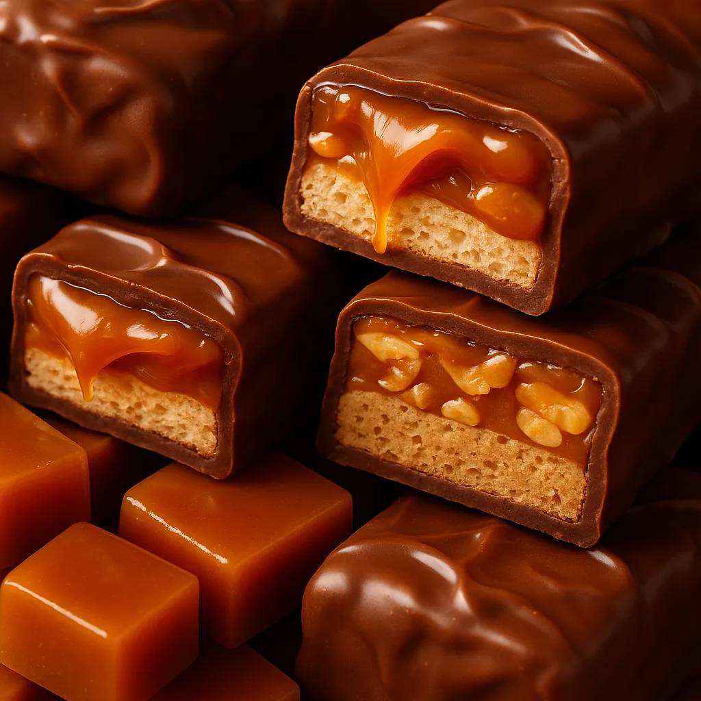 Discover a puzzle with a tempting close-up of chocolate-covered caramel candy bars, glossy golden caramel oozing over crunchy nougat and pieces of nut.