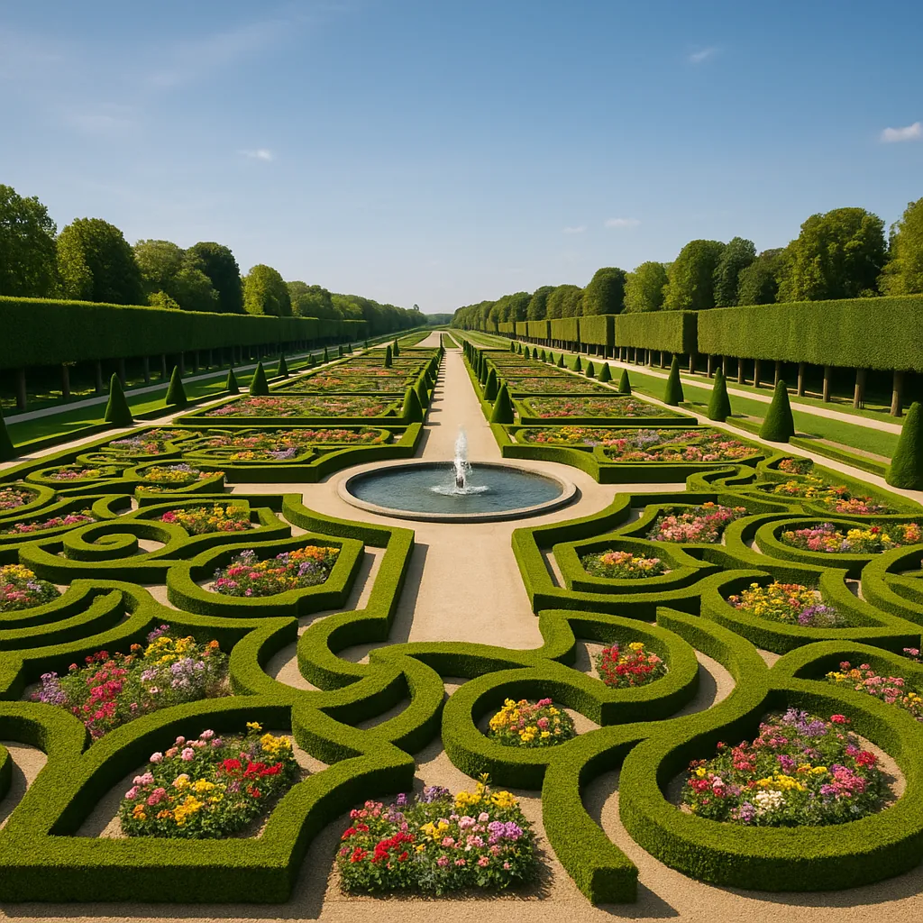 Discover a puzzle with an elegantly manicured formal garden: symmetrical green hedges and topiary, winding parterres filled with colorful flowerbeds, and a cent