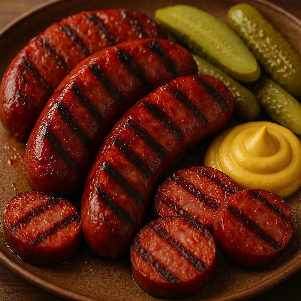 Enjoy assembling a puzzle depicting a close-up plate of smoky, grilled sausages with charred stripes, round sliced links, crisp green pickles, and a creamy swir