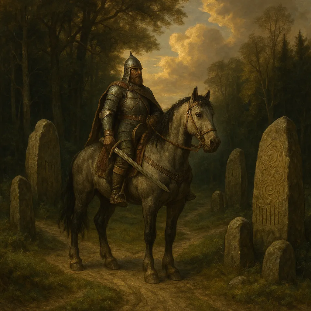 Discover a puzzle with a lone armored knight on horseback pausing among ancient standing stones in a misty forest clearing.