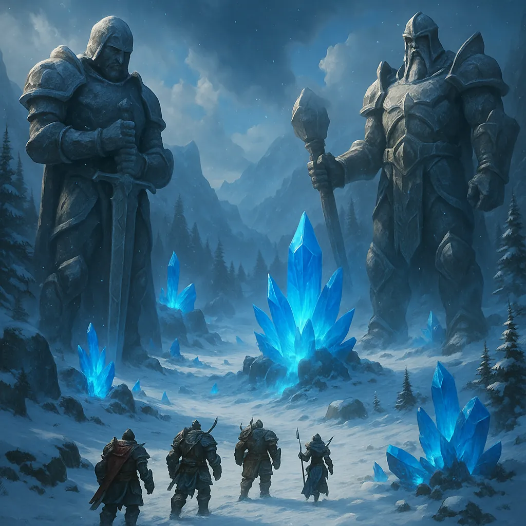 Discover a puzzle with a dramatic frozen landscape where four rugged adventurers tread toward towering stone guardians and luminous blue crystals.