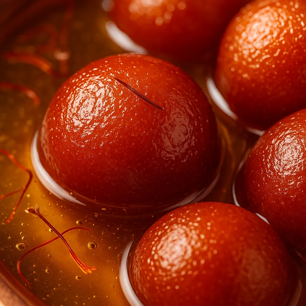Discover a puzzle with glossy, syrup‑soaked gulab jamun — warm, round, mahogany‑red sweets floating in amber syrup with delicate saffron strands.