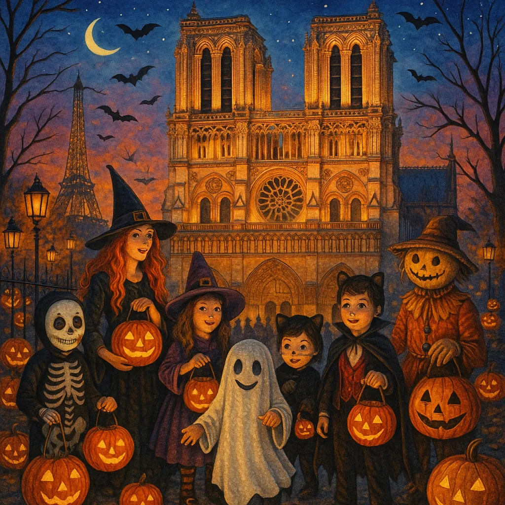 The image depicts a vibrant Halloween scene set in front of a famous cathedral, likely Notre-Dame, with the Eiffel Tower visible in the background.