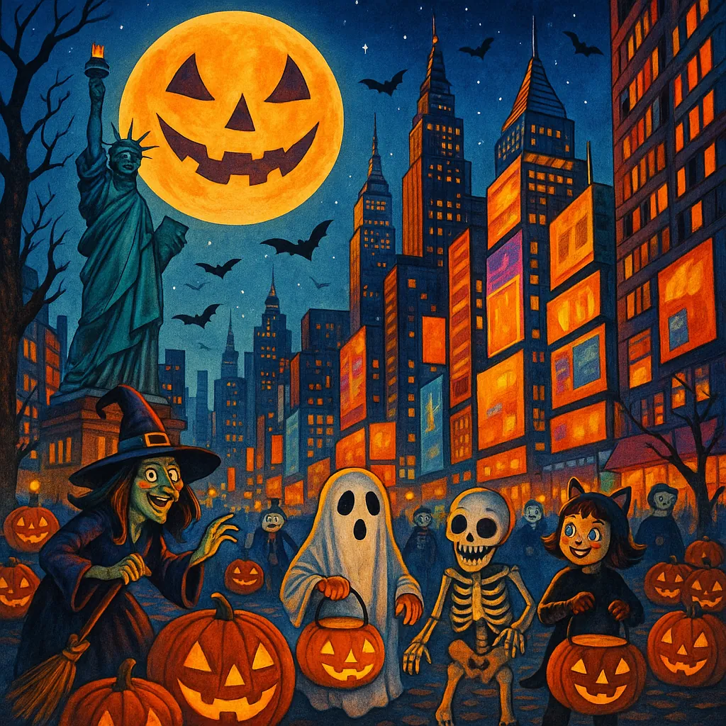 A vibrant Halloween scene set in a bustling cityscape, with skyscrapers glowing in orange and purple hues.