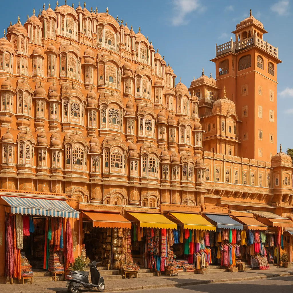 Discover a puzzle with a sunlit scene of an ornate sandstone façade rising above a lively street market.