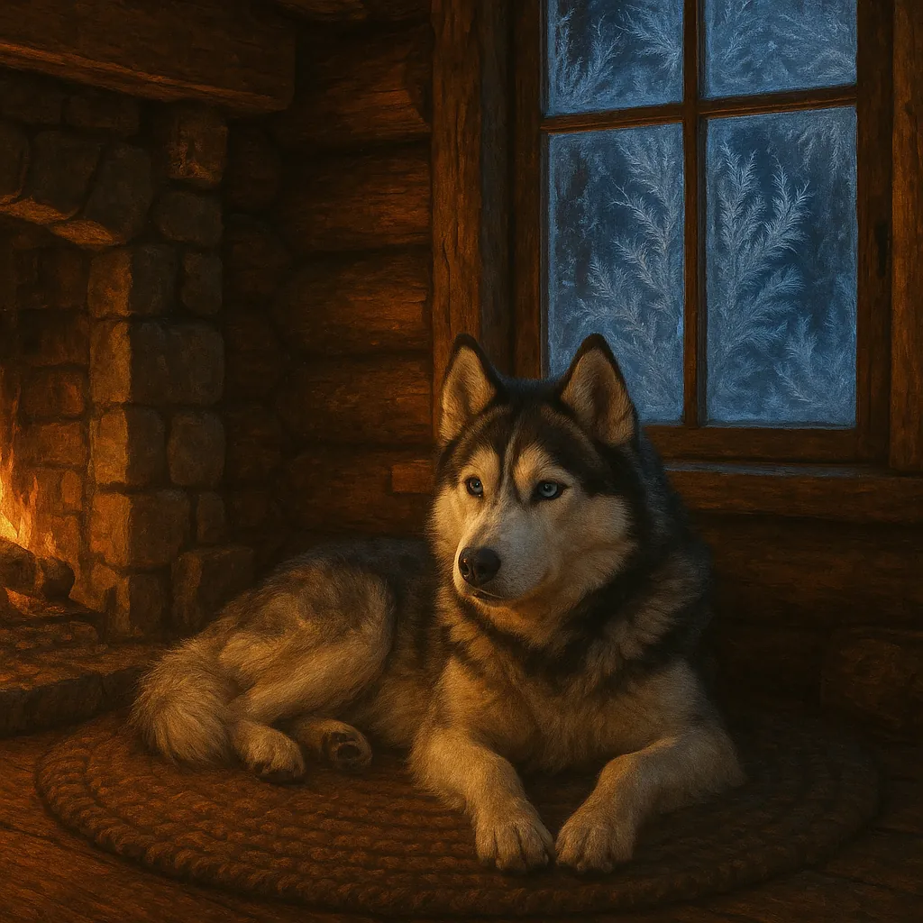 Enjoy assembling a puzzle depicting a dignified husky lounging on a woven rug beside a glowing stone fireplace in a cozy log cabin.