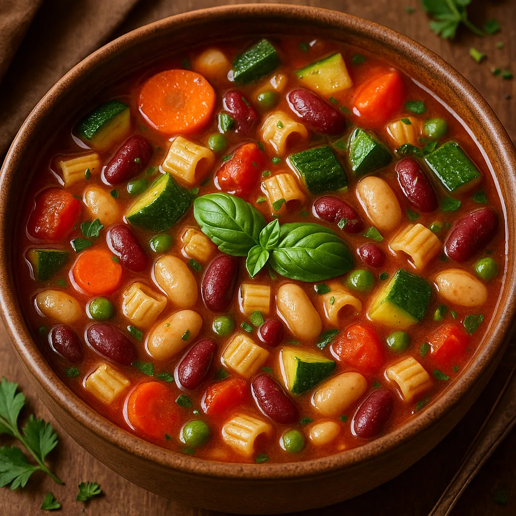 Discover a puzzle with a close-up of a steaming bowl of minestrone-style soup, full of colorful ingredients — ruby red kidney beans, creamy cannellini beans, ri