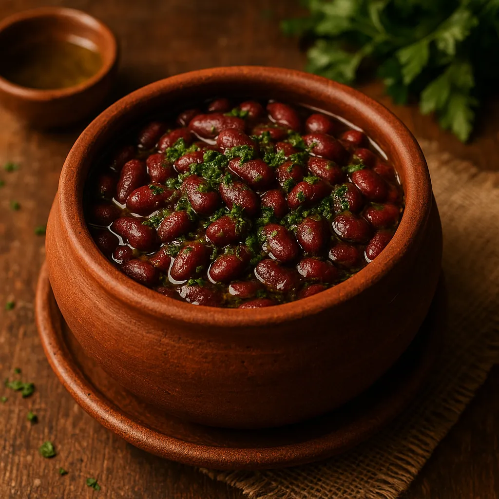 Enjoy assembling a puzzle depicting a rustic clay bowl filled with glossy red beans garnished with bright green herbs, set on a warm wooden table with deep brow