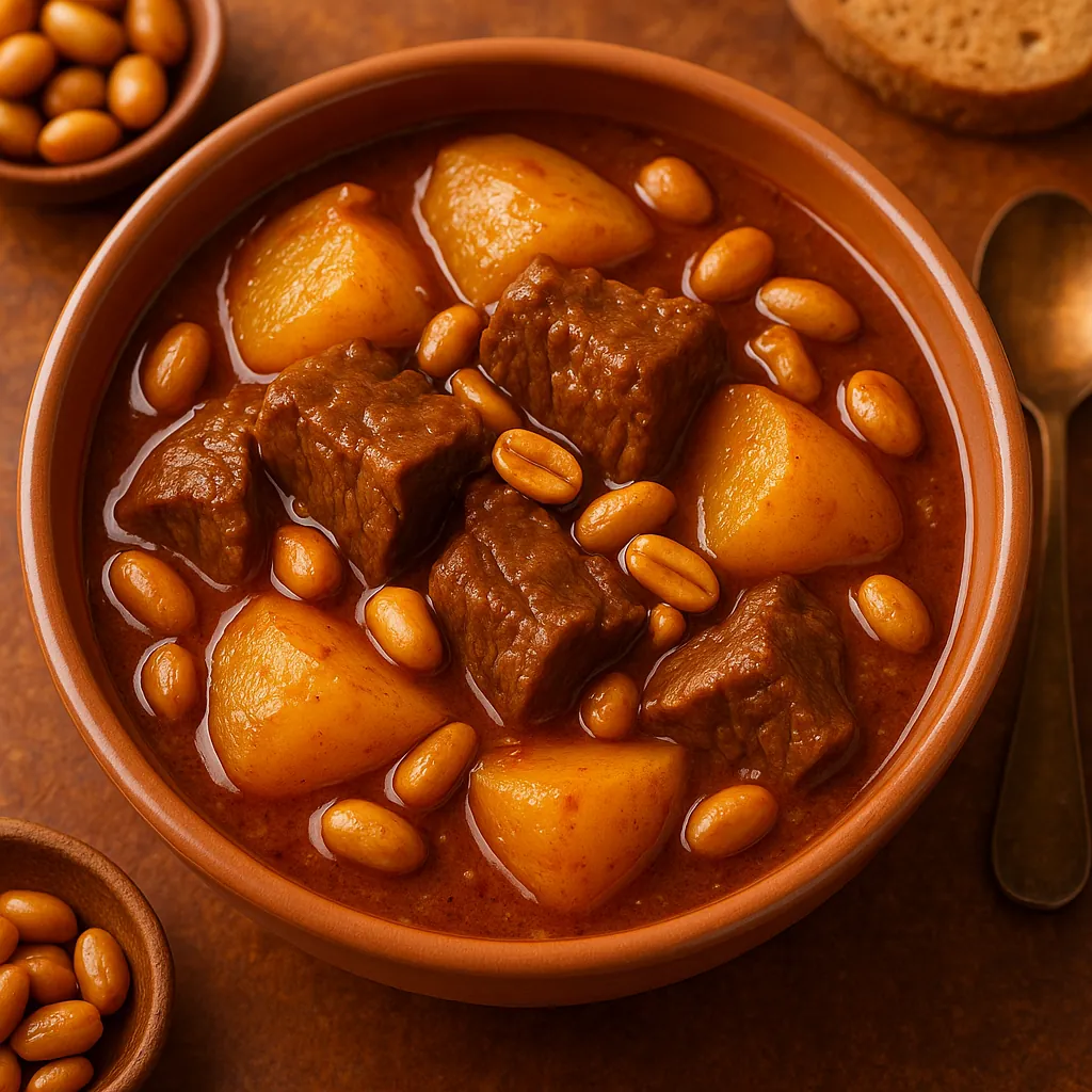 Enjoy assembling a puzzle depicting a hearty beef and potato stew in a rustic earthenware bowl on PuzzleFree.Game.