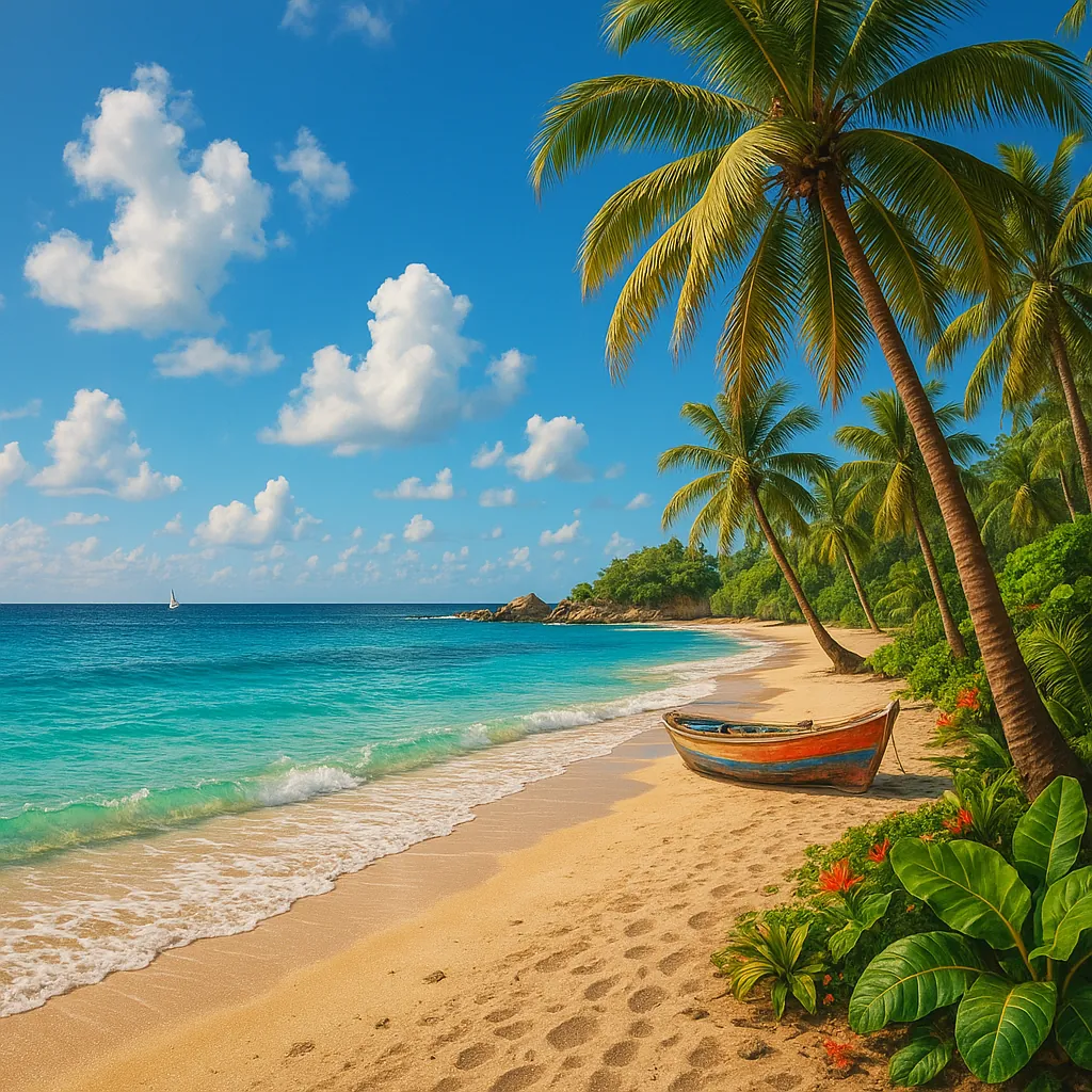 Discover a puzzle with a sunlit tropical beach scene of turquoise water, powdery golden sand, and gently swaying palm trees framing a weathered wooden boat.