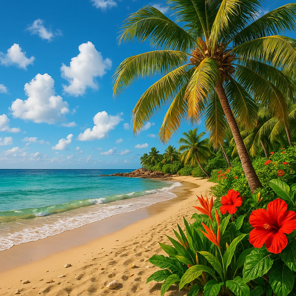 Enjoy assembling a puzzle depicting a sunlit tropical beach with swaying palm trees, turquoise waves lapping a golden sandy shore, and bright red hibiscus bloom