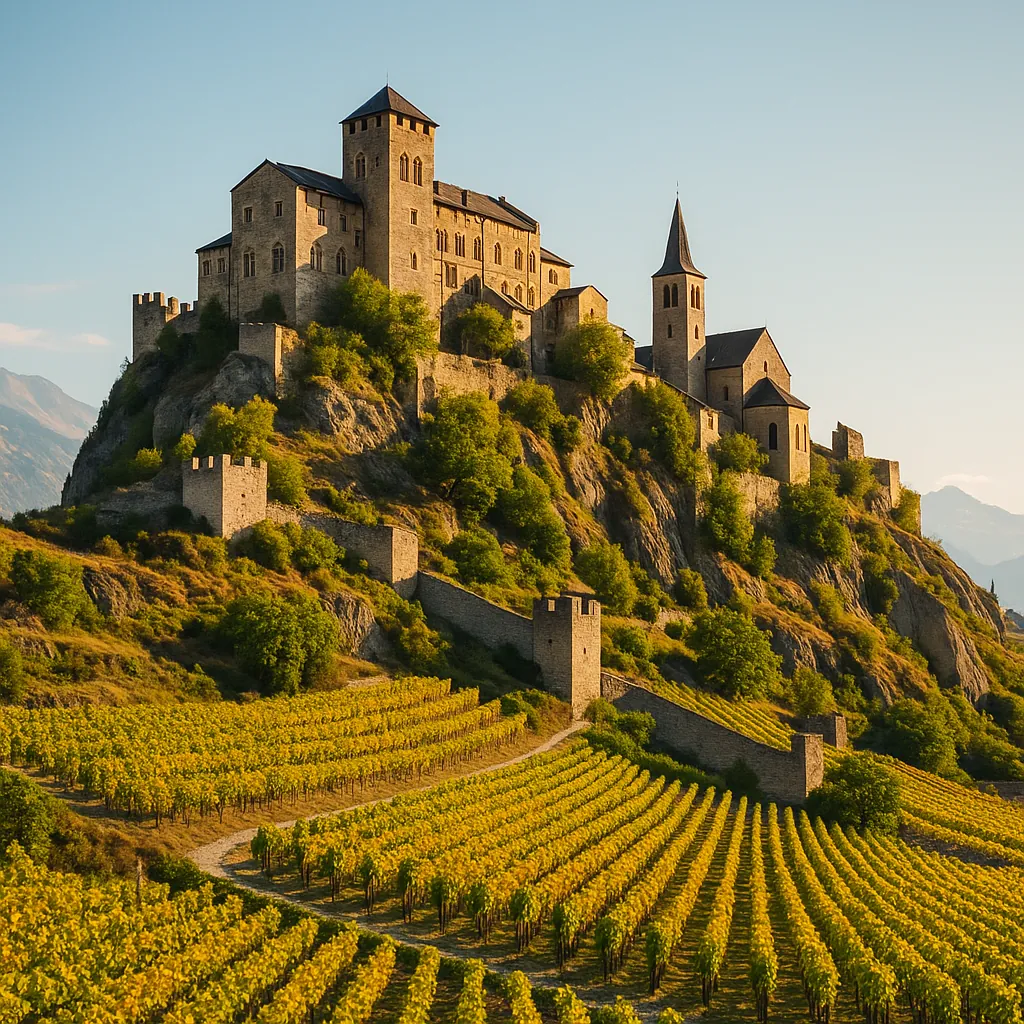 Discover a puzzle with a sunlit medieval castle perched on a rocky hill above neatly ordered vineyards.