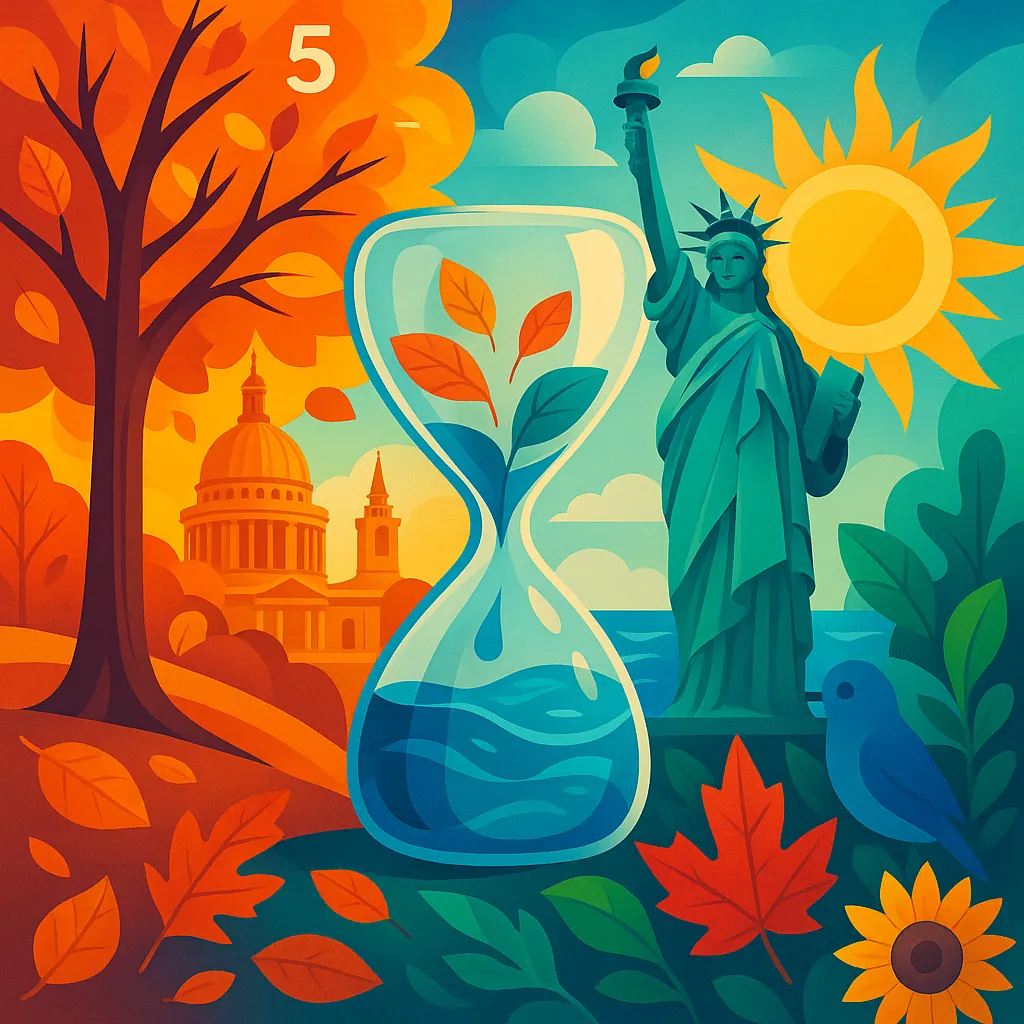 Discover a puzzle with a vibrant autumn-meets-cityscape scene perfect for PuzzleFree.Game: warm oranges and golds on the left show fall leaves and a classic dom