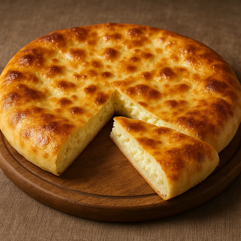 Enjoy assembling a puzzle depicting a golden, cheese-filled round bread resting on a wooden board — a close-up of warm, glossy crusts mottled with honeyed brown