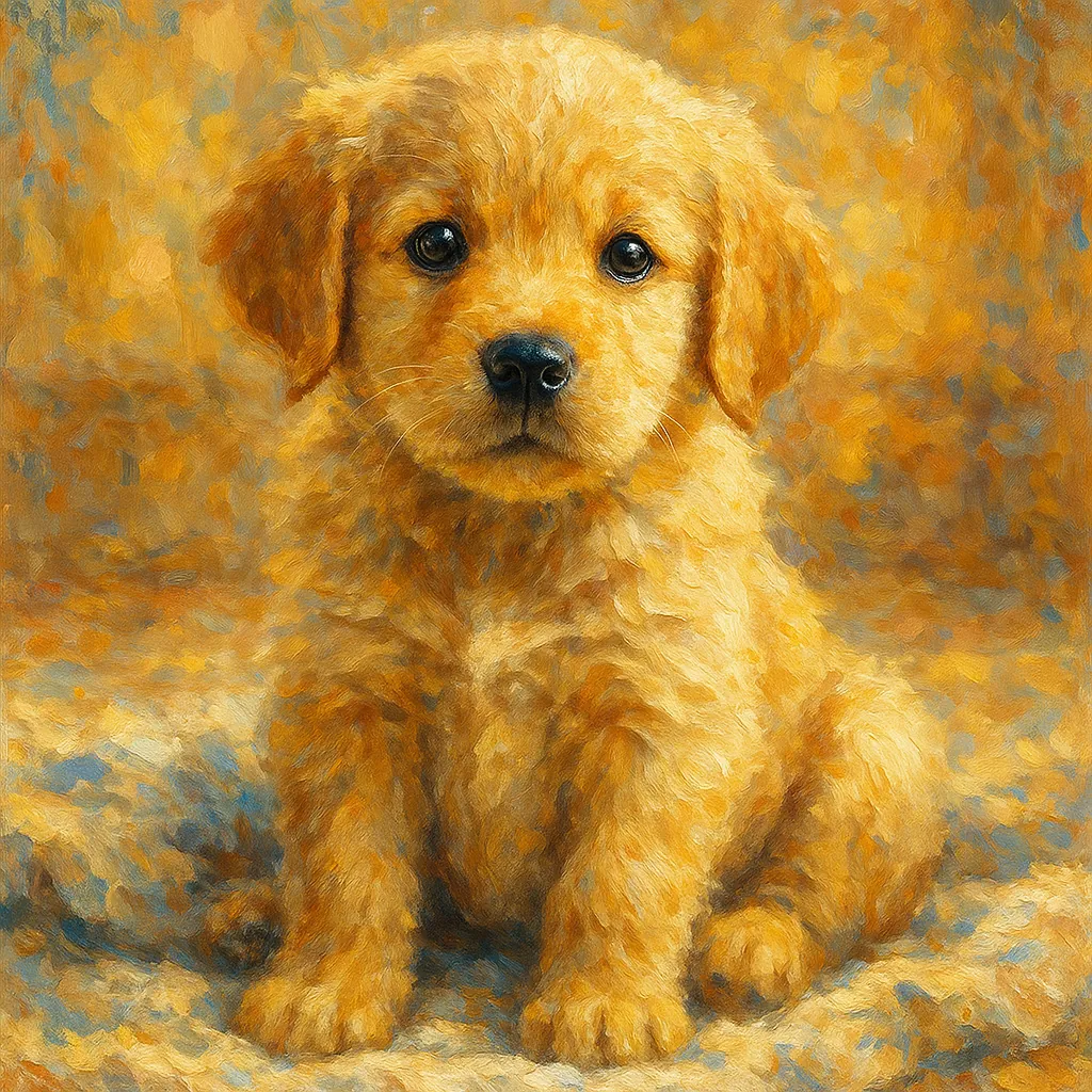 Enjoy assembling a puzzle depicting an adorable golden puppy that radiates warmth and charm.