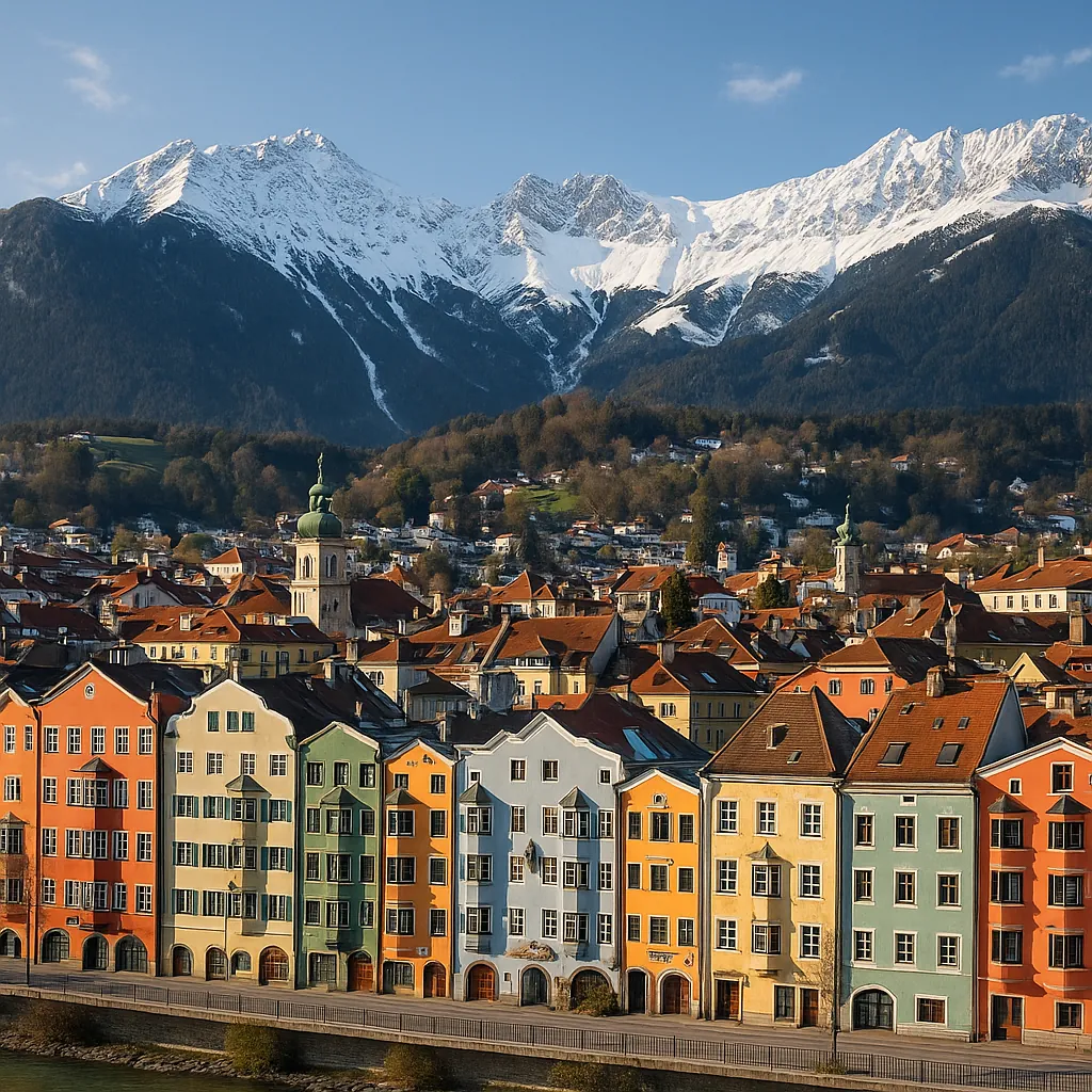 Discover a puzzle with a charming riverside row of pastel houses and red-tiled roofs set against a leafy hillside and the majestic, snow-capped Alps under a cle