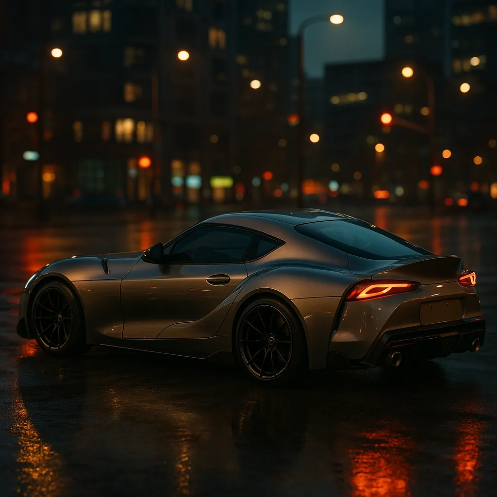Discover a puzzle with a sleek silver sports car glistening on a rain-slick city street at dusk, its smooth curves and glowing taillights reflected in warm pudd