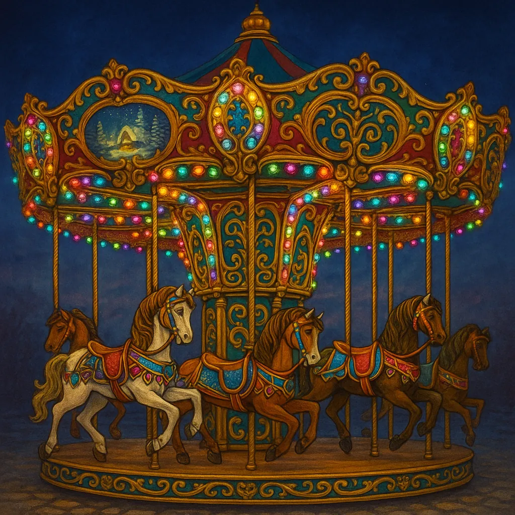 Enjoy assembling a puzzle depicting a richly detailed vintage carousel aglow with multicolored bulbs and ornate gold filigree.
