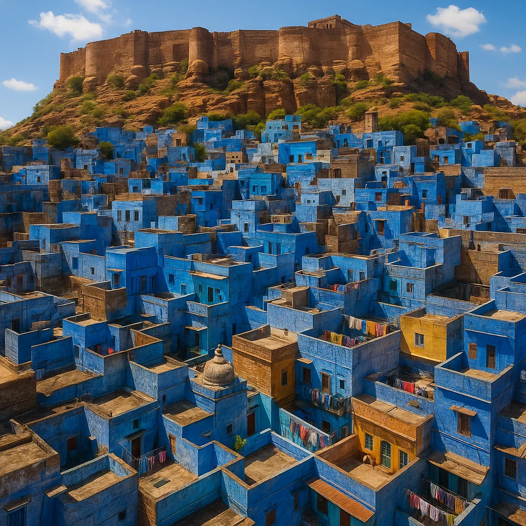 Discover a puzzle featuring a vibrant aerial view of tightly packed blue houses spilling down a sunlit hillside beneath an ancient earthen fortress.