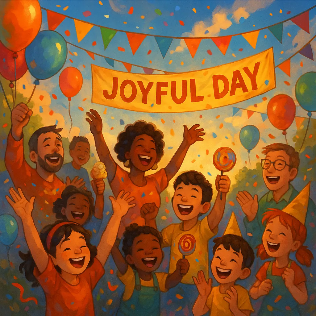 Discover a puzzle with a bright, festive scene of a diverse group of children and adults celebrating under a "JOYFUL DAY" banner, surrounded by colorful balloon