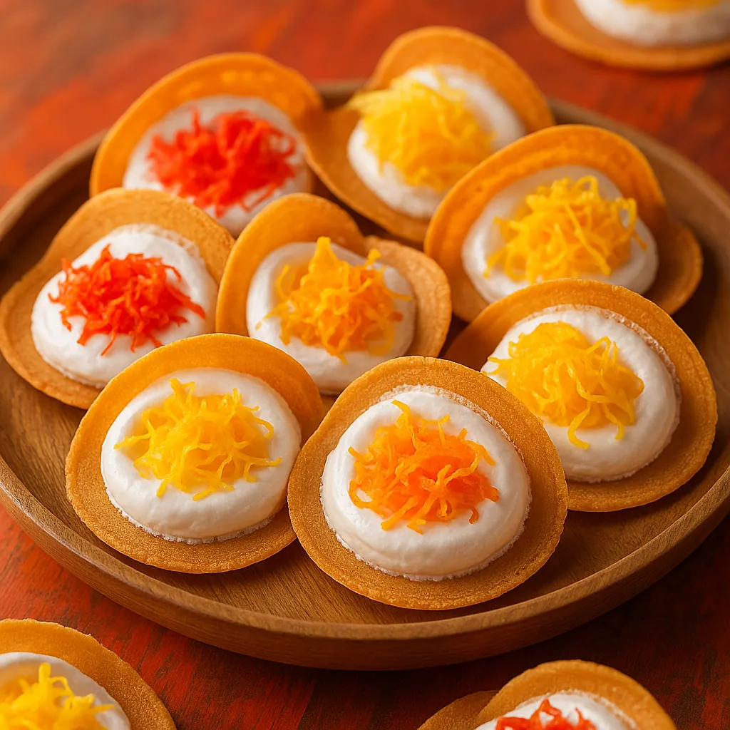 Discover a puzzle with a close-up of delicate Thai sweets—crisp golden tarts filled with fluffy white cream and topped with bright orange and yellow shredded th