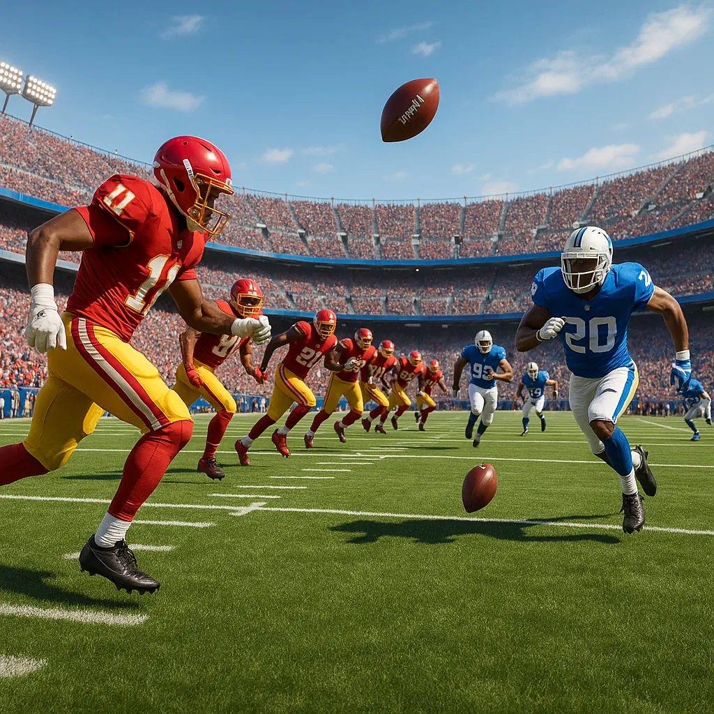Discover a puzzle with an energetic football game frozen in motion: vibrant red and yellow uniforms charging from the left, bold blue and white defenders rushin