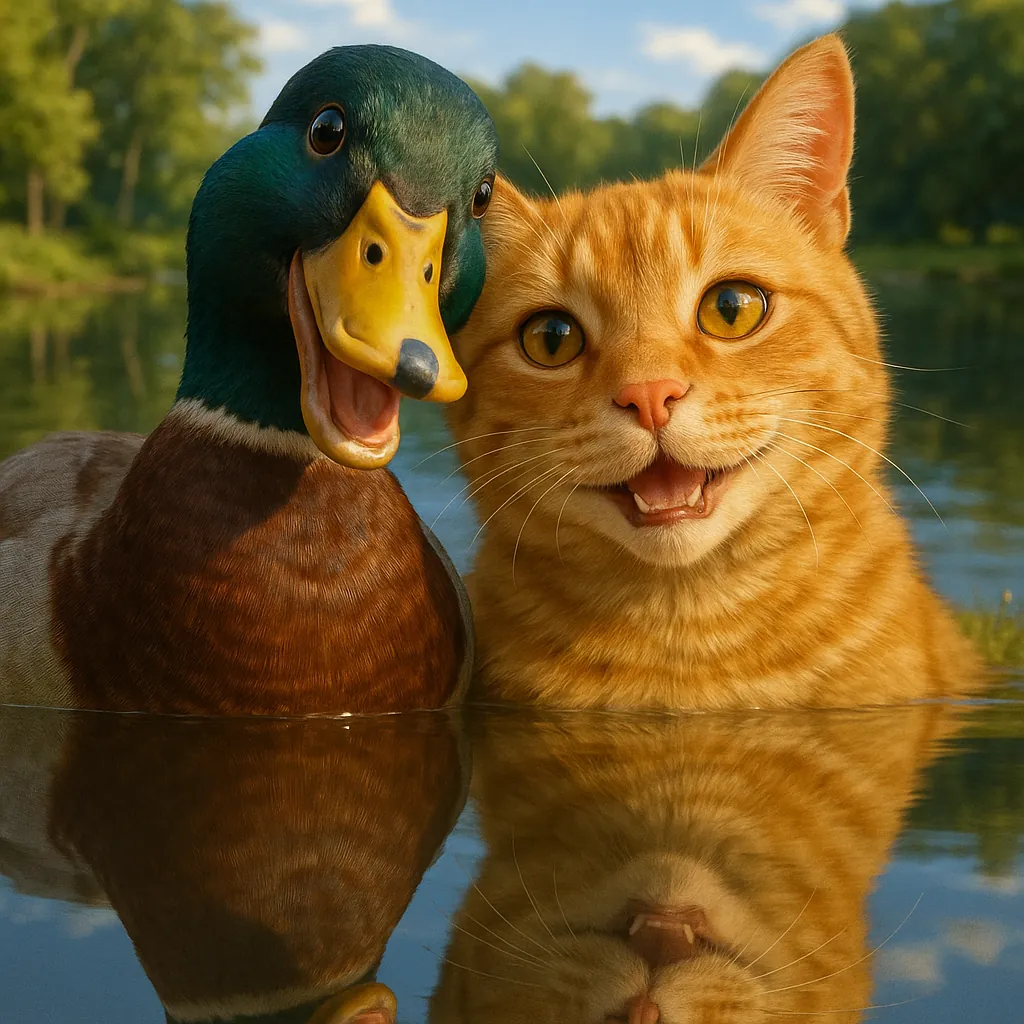 Discover a puzzle with a charming close-up of a cheerful ginger cat and a smiling mallard duck side by side on a calm lake, their bright faces and playful expre
