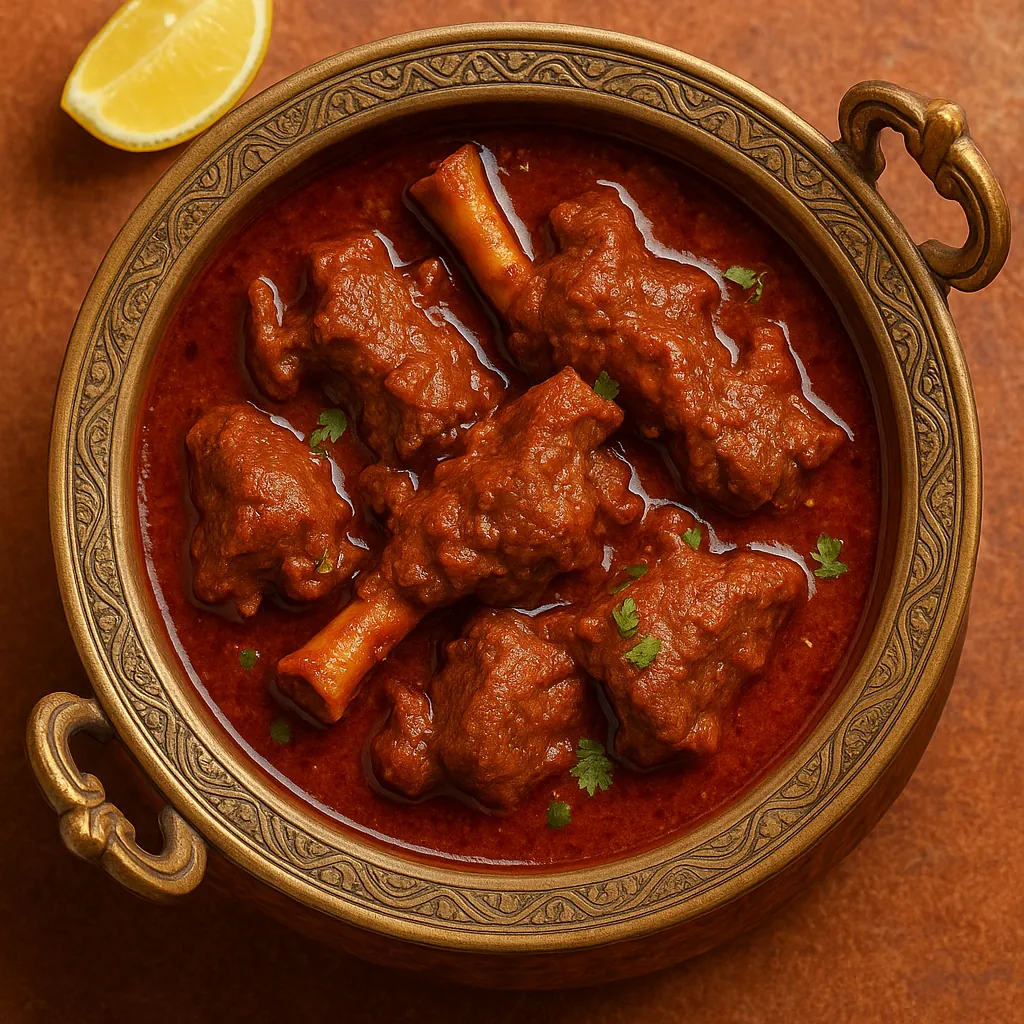 Discover a puzzle with a close-up of a steaming, rich red curry—tender meat on the bone nestled in a warm, ornate brass bowl with a bright lemon wedge and tiny