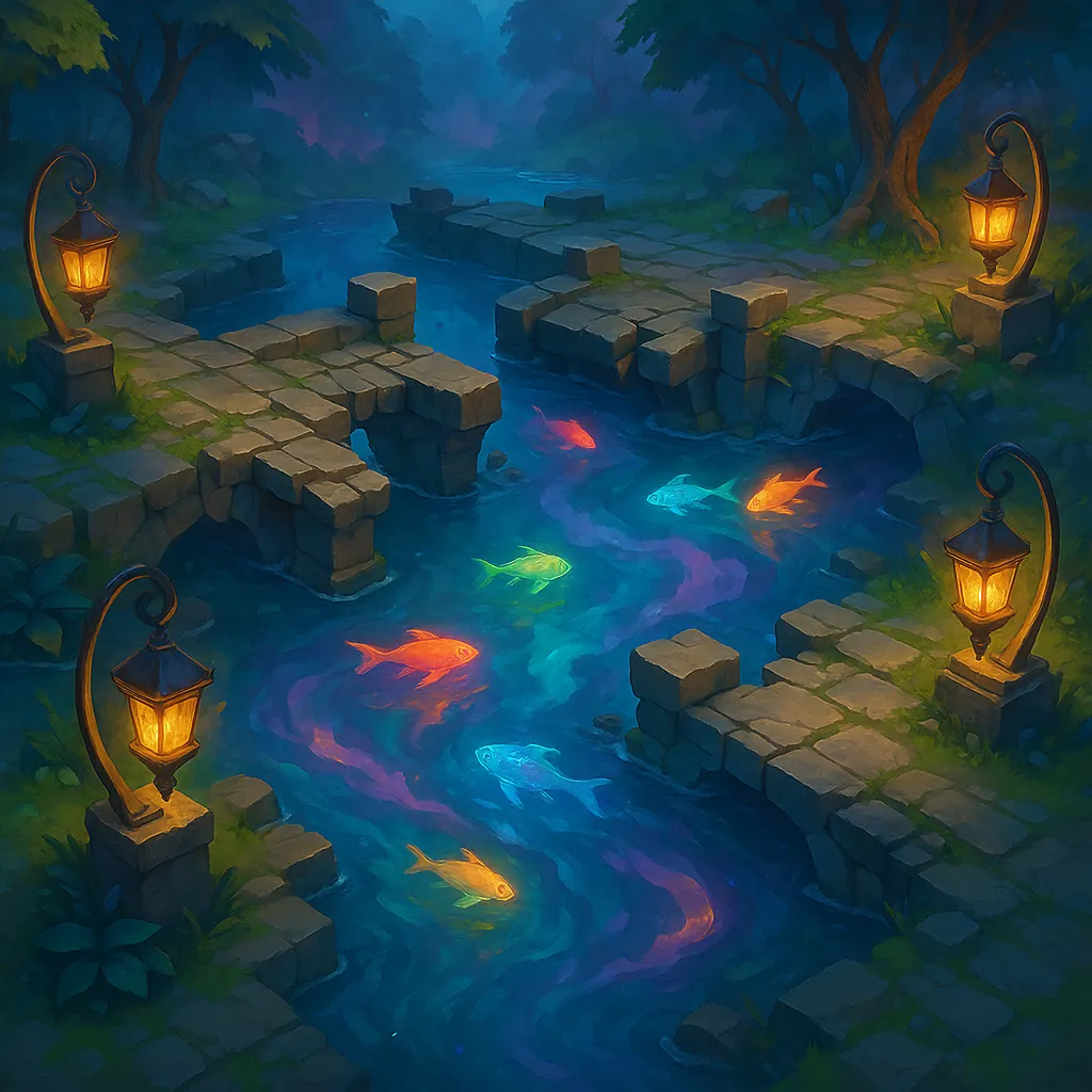 Enjoy assembling a puzzle depicting a dreamlike night stream winding beneath ancient stone bridges, lit by warm, golden lanterns and framed by deep blue-green t