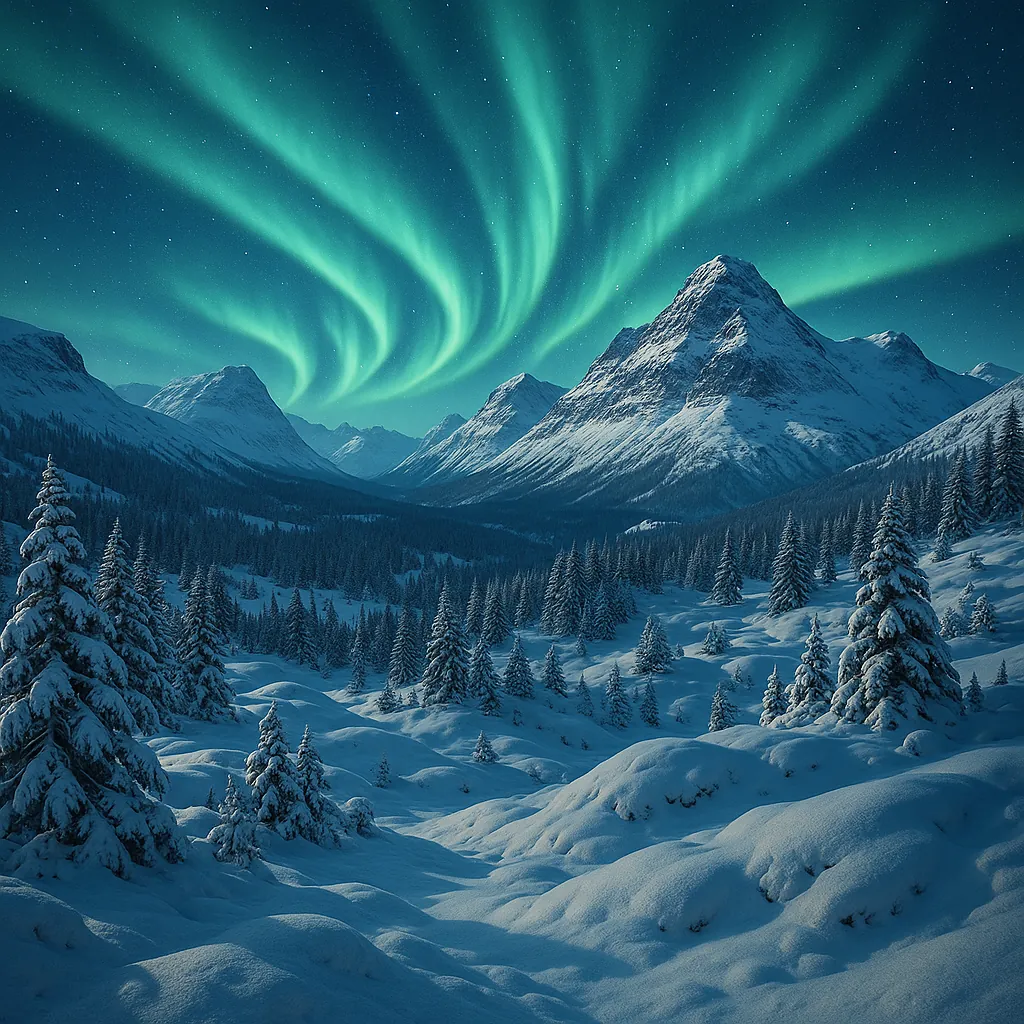 Discover a puzzle with a serene winter landscape where snow-draped fir trees and rolling snowfields stretch toward rugged, moonlit mountains beneath a sweeping