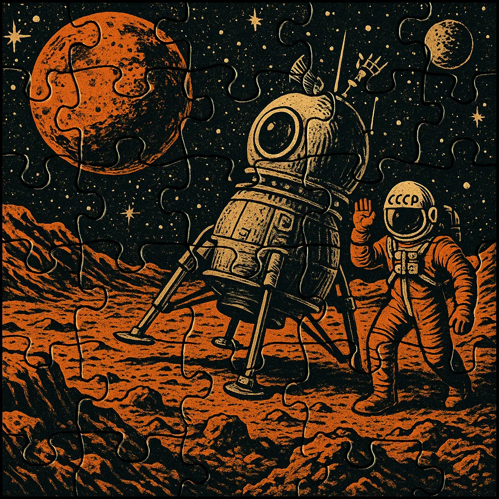 This puzzle image depicts a vintage-style space exploration scene, featuring an astronaut and a spacecraft on a rocky, extraterrestrial surface.