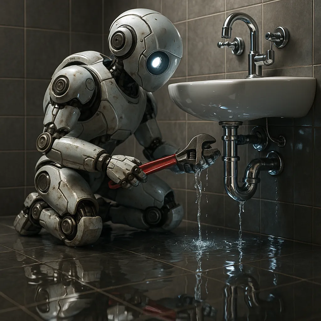 Discover a puzzle with a small robot kneeling on a glossy tiled bathroom floor as it tightens a leaking sink pipe with a red wrench.