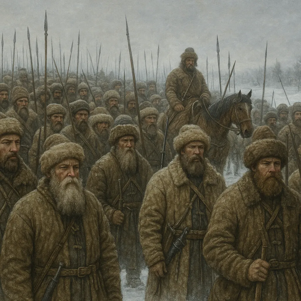 Enjoy assembling a puzzle depicting a vast column of fur‑clad winter soldiers marching through a muted, snowy landscape.