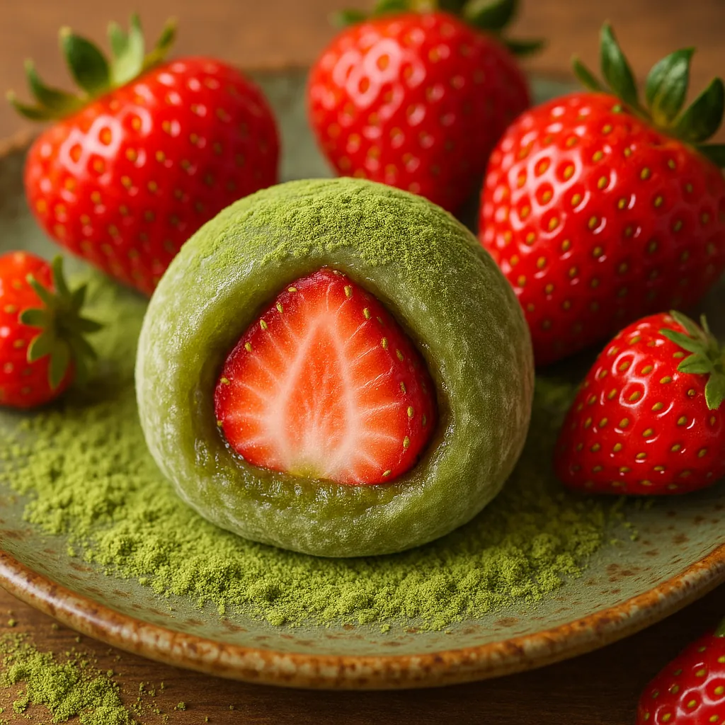 Enjoy assembling a puzzle depicting a close-up of a matcha-covered mochi with a bright red strawberry center, surrounded by glossy whole strawberries on a rusti