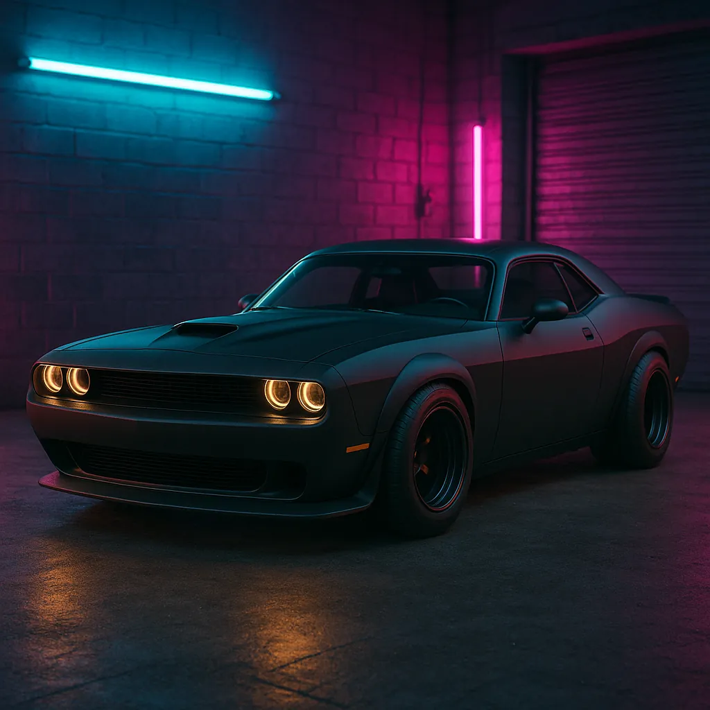 Discover a puzzle with a sleek matte-black muscle car parked in a moody garage, lit by vibrant teal and magenta neon tubes and warm, glowing round headlights.