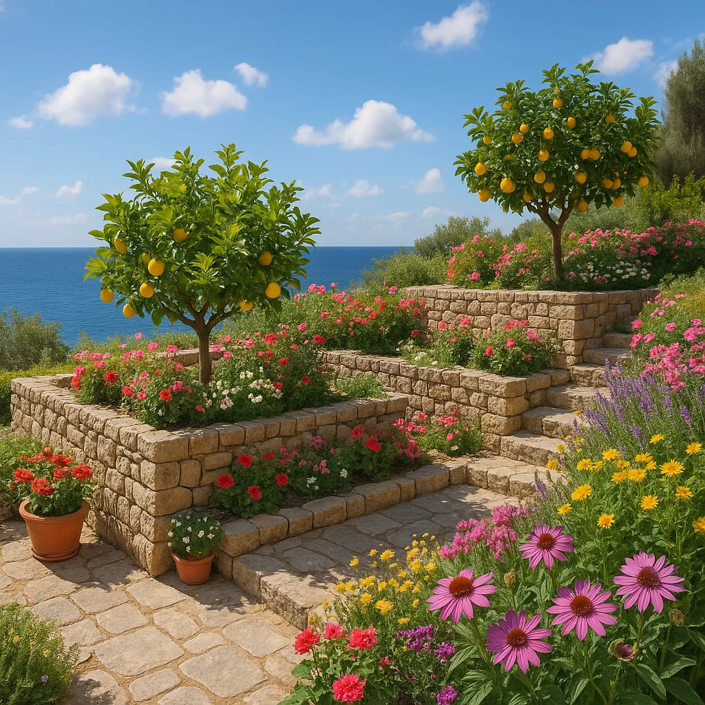 Discover a puzzle with a sunlit Mediterranean terrace overflowing with color — stone terraces and steps framed by bright pink, purple, yellow, and red blooms, t