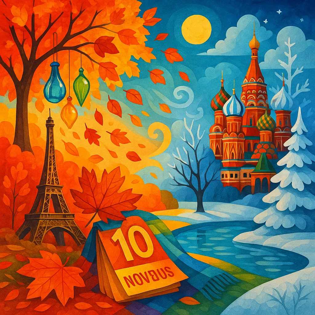 Discover a puzzle with a whimsical autumn-to-winter scene that blends warm oranges and reds on the left with cool blues and icy whites on the right.