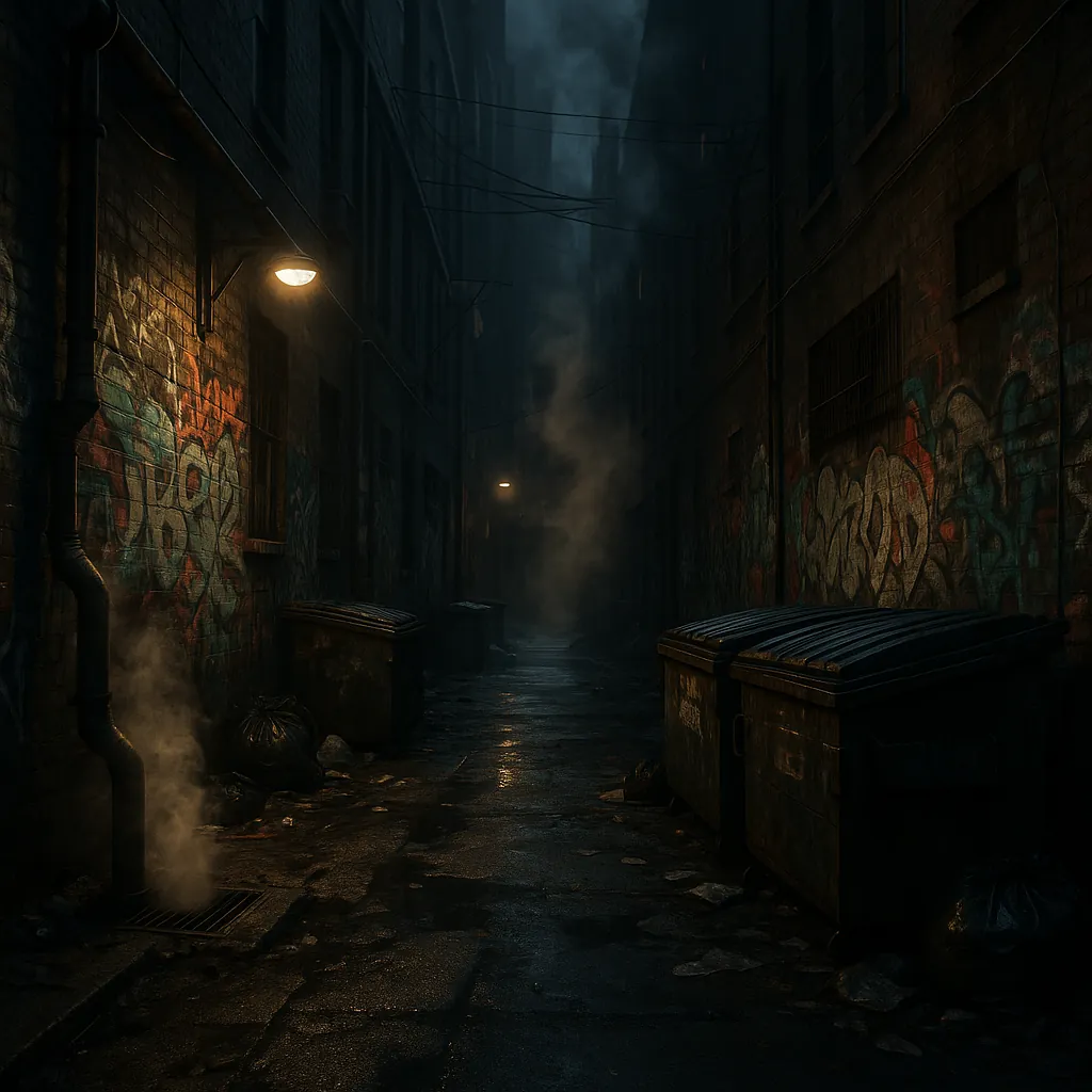Discover a puzzle with a moody urban alley bathed in cool blues and deep shadows, punctuated by warm lamplight and drifting steam.