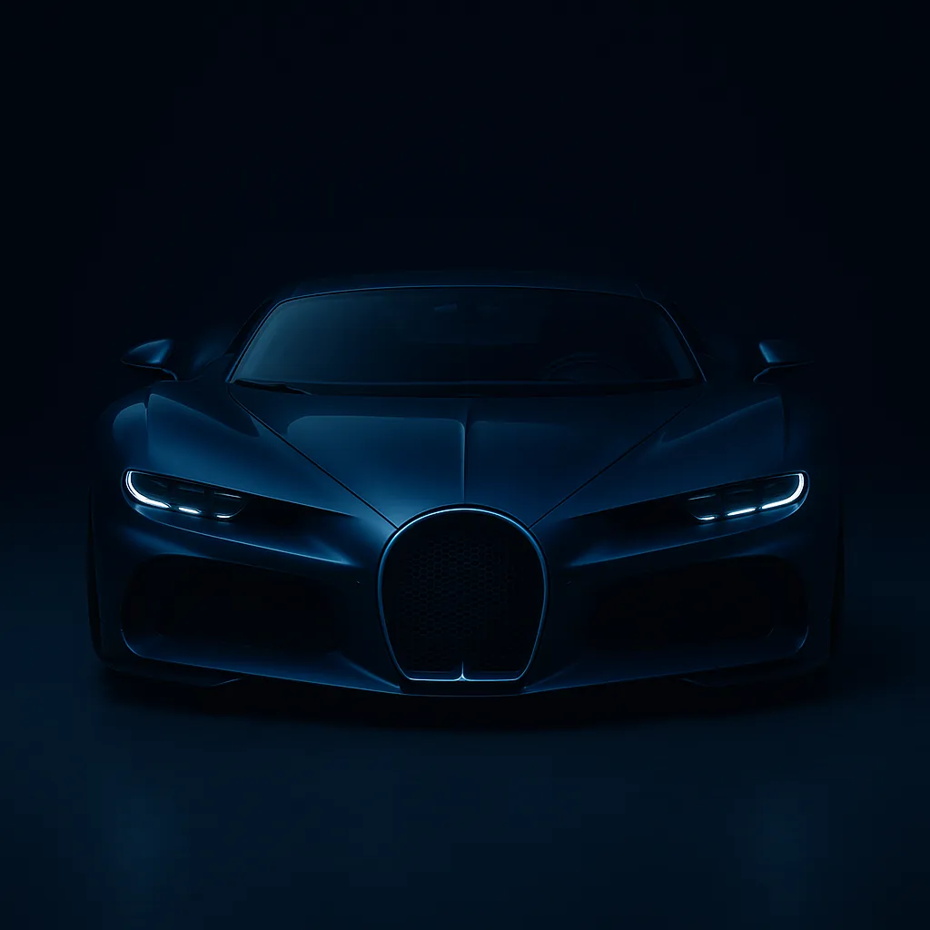 Discover a puzzle with a sleek midnight-blue luxury sports car shown head-on, its glossy curves and iconic grille lit by cool, dramatic highlights.