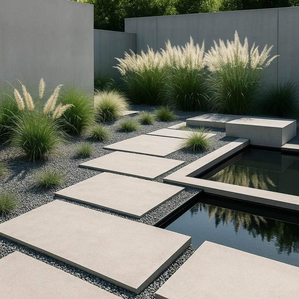 Discover a puzzle with a serene, modern garden scene featuring clean concrete stepping stones, a calm reflective water feature, and clusters of soft ornamental
