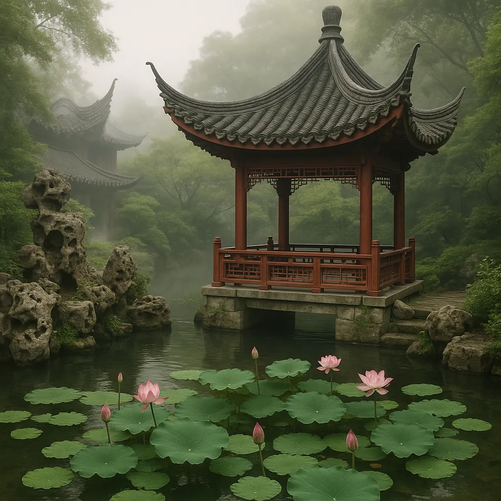 Discover a puzzle featuring a mist-shrouded pagoda-style pavilion set above a tranquil pond dotted with green lotus pads and soft pink blooms.