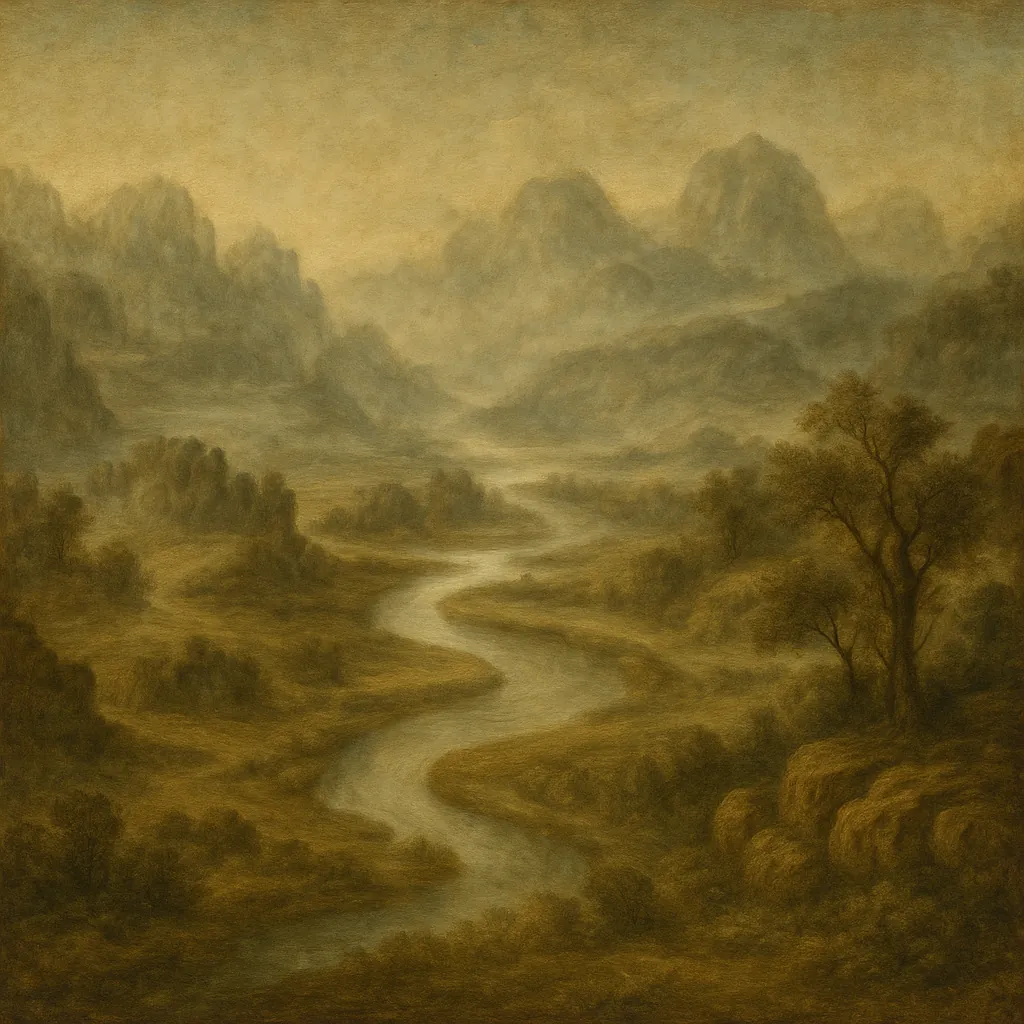 Discover a puzzle with a misty river winding through a softly rendered mountain valley in warm sepia and golden-green tones.