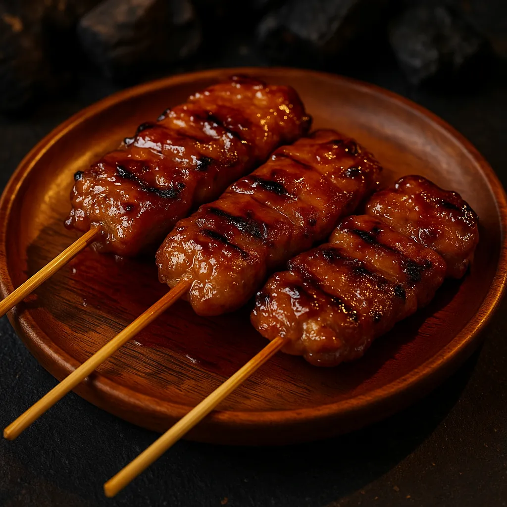 Discover a puzzle with three glossy grilled skewers of caramelized meat arranged on a round wooden plate.